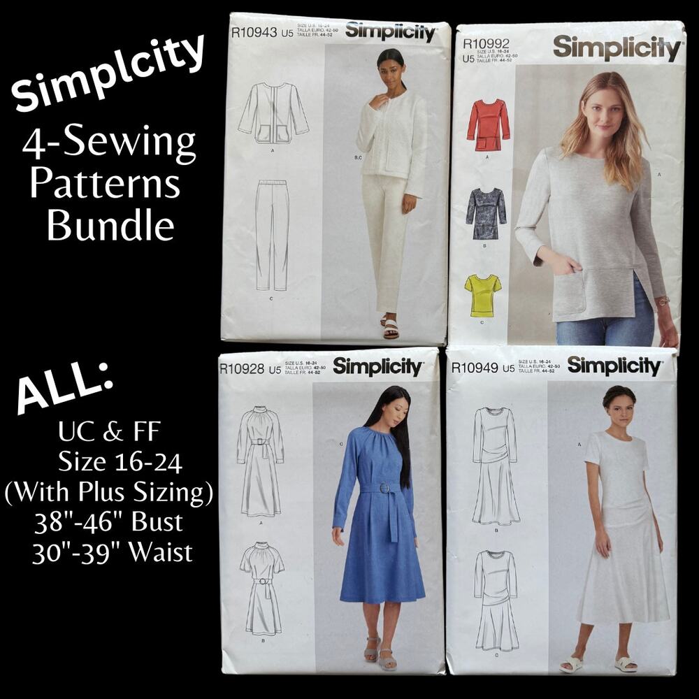 4-Piece Bundle Simplicity Sewing Pattern Dress Pants Top Plus Size 16-24 UC FF